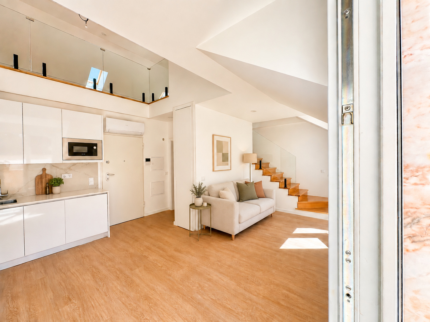 Double-height living area and mezzanine