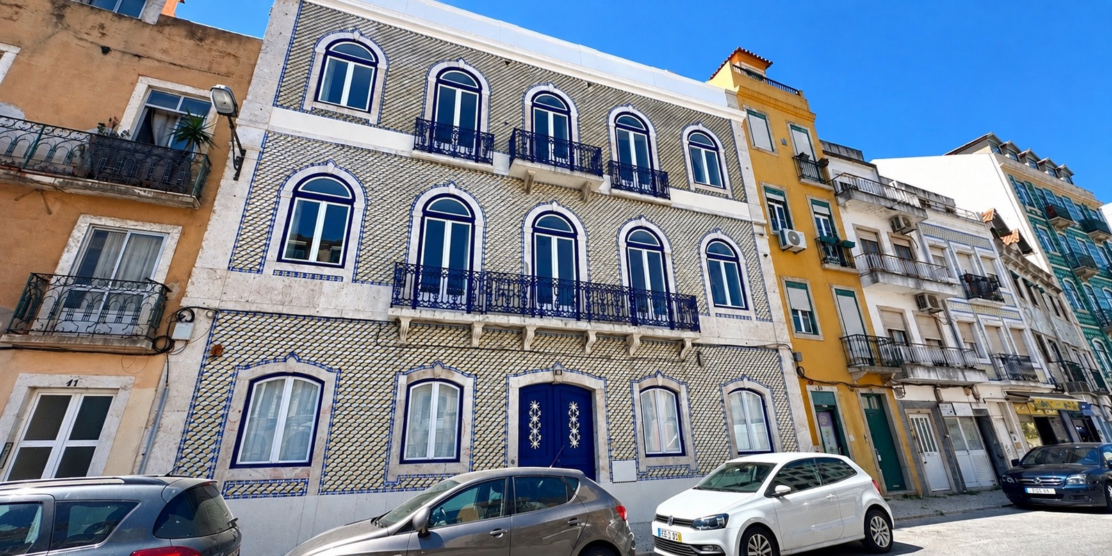 Tiled facade of the Anjos 49 building in Lisbon