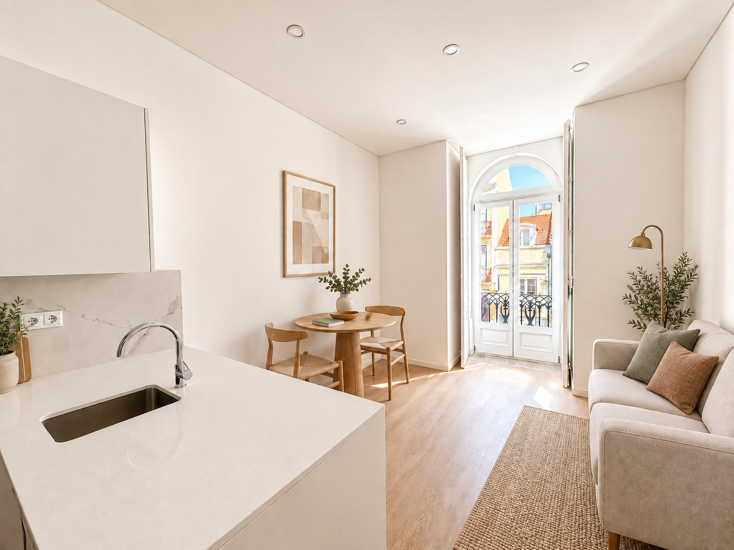 Representative living and dining area; matching first-floor layout, illustrative furniture